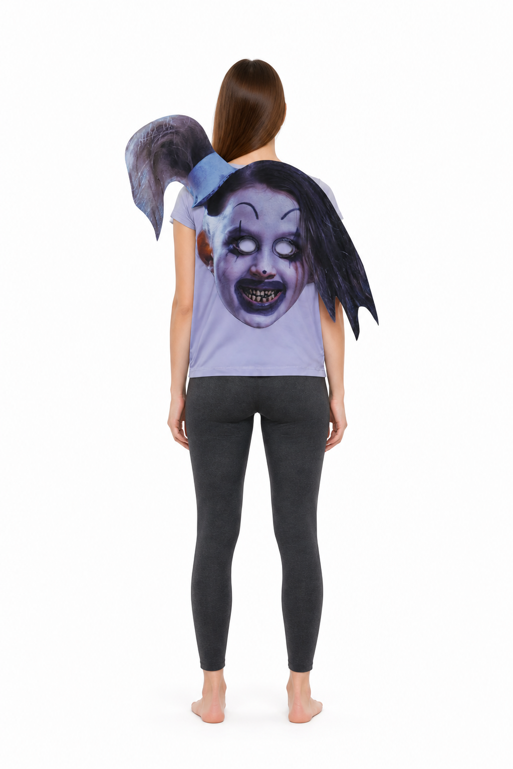 Terrifying Clown Full Face Mask with Witch Hat and Long Black Hair Halloween back view