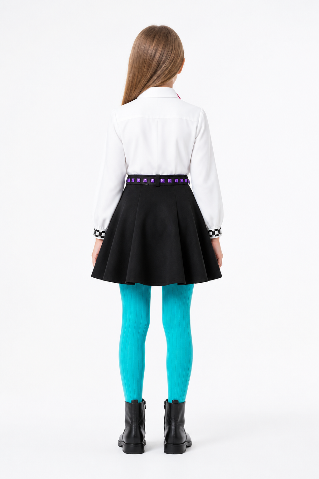 Bili Costume: White Blouse, Black Skirt, Pants, Tie, Belt back view