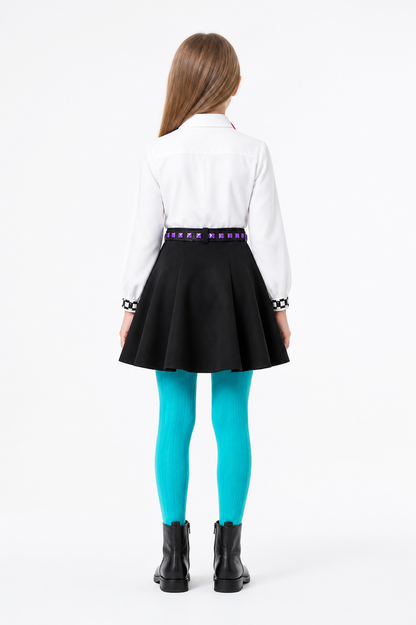 Bili Costume: White Blouse, Black Skirt, Pants, Tie, Belt back view