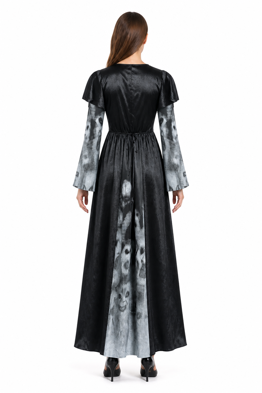 Long Dress with Flared Sleeves and Ghost Print