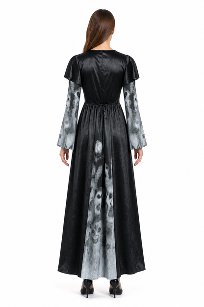 Long Dress with Flared Sleeves and Ghost Print