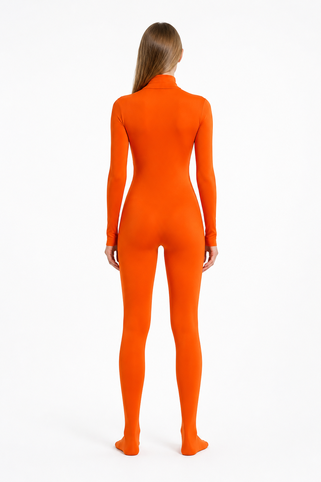 Fitted jumpsuit with gloves and socks, orange back view