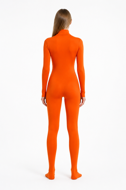Fitted jumpsuit with gloves and socks, orange back view