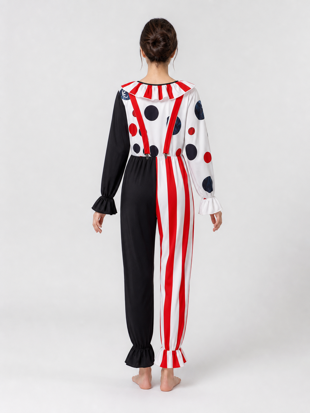 This colorful clown costume is designed for themed looks, cosplay, Halloween, costume parties, and stage performances. The set features an expressive theatrical style with a contrasting combination of white, black, and red, dark blue accent