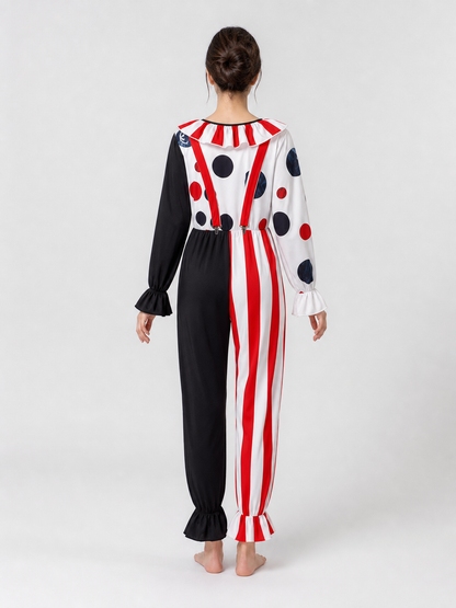 This bright clown costume is designed for themed looks, cosplay, Halloween