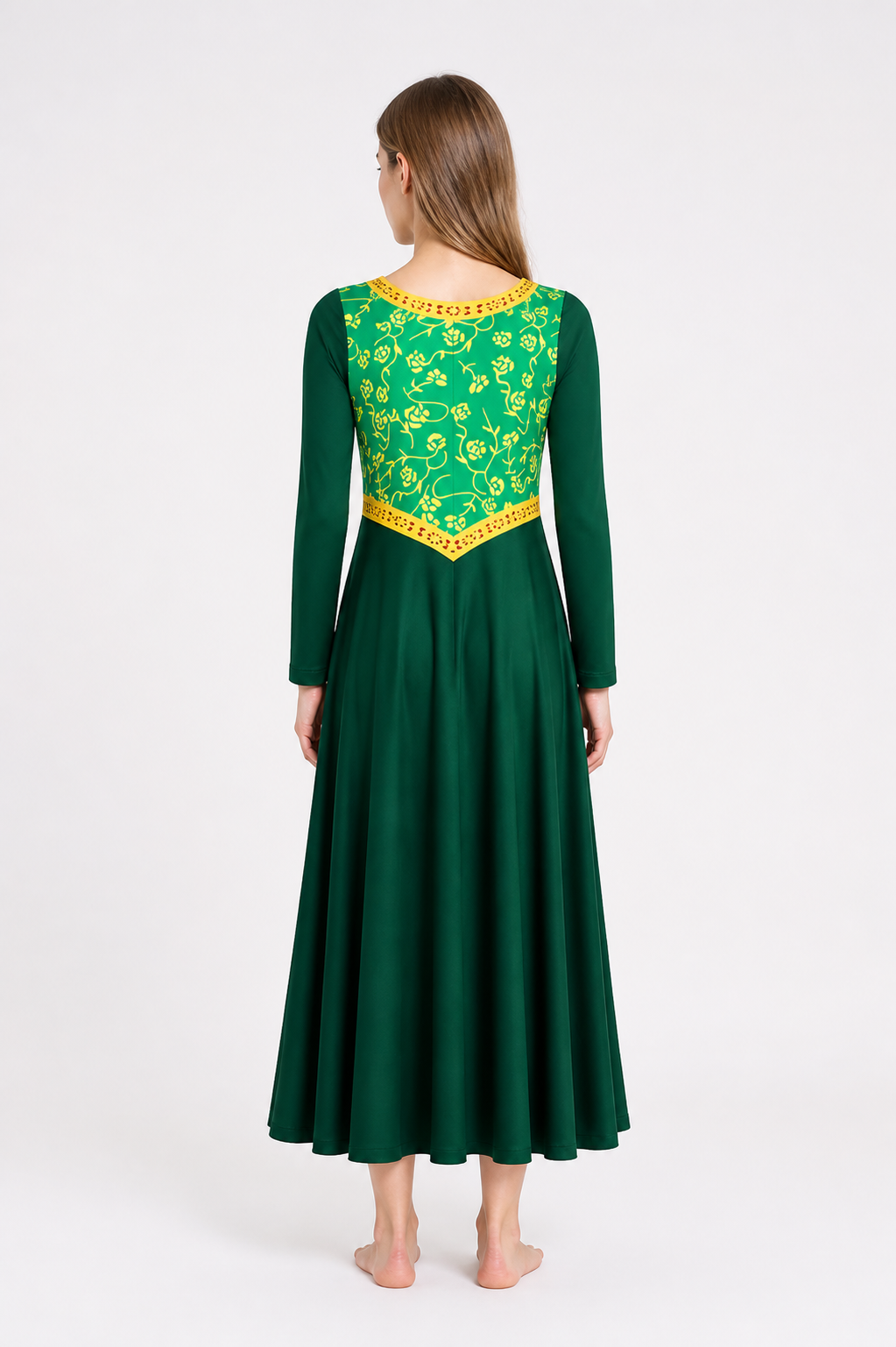 Long Princess Fiona Green Dress with Belt for Cosplay back view