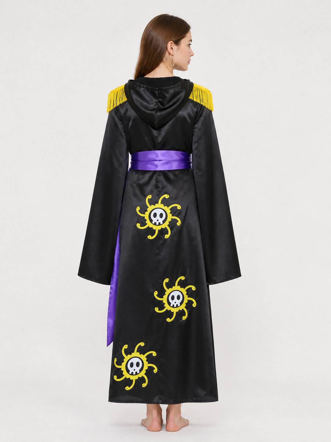 Black Carnival Costume with Cape and Skulls for Cosplay back view