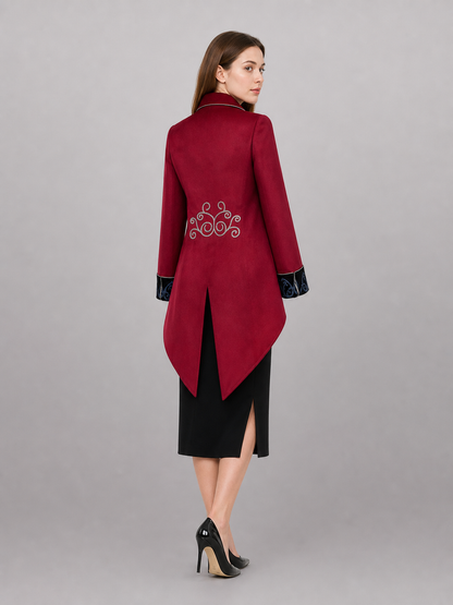 Burgundy tailcoat with embroidery and black panels