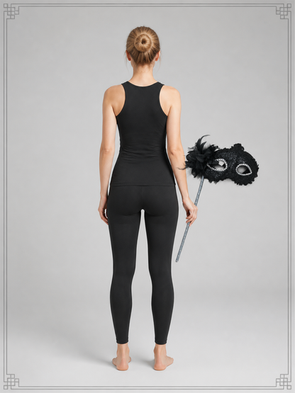 Carnival mask with black lace and feathers on a stick back view
