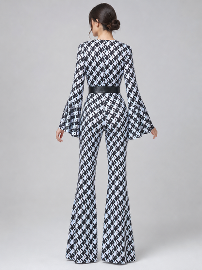 Retro Flared Jumpsuit with Geometric Print