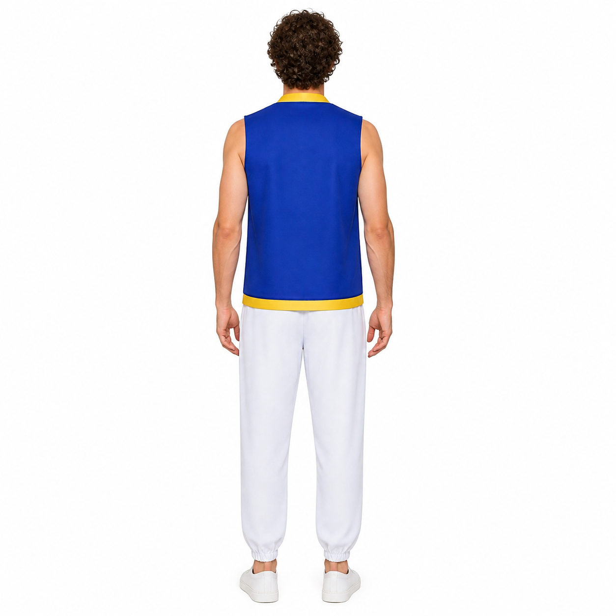 Blue-and-yellow mushroom costume with white pants for Halloween back view