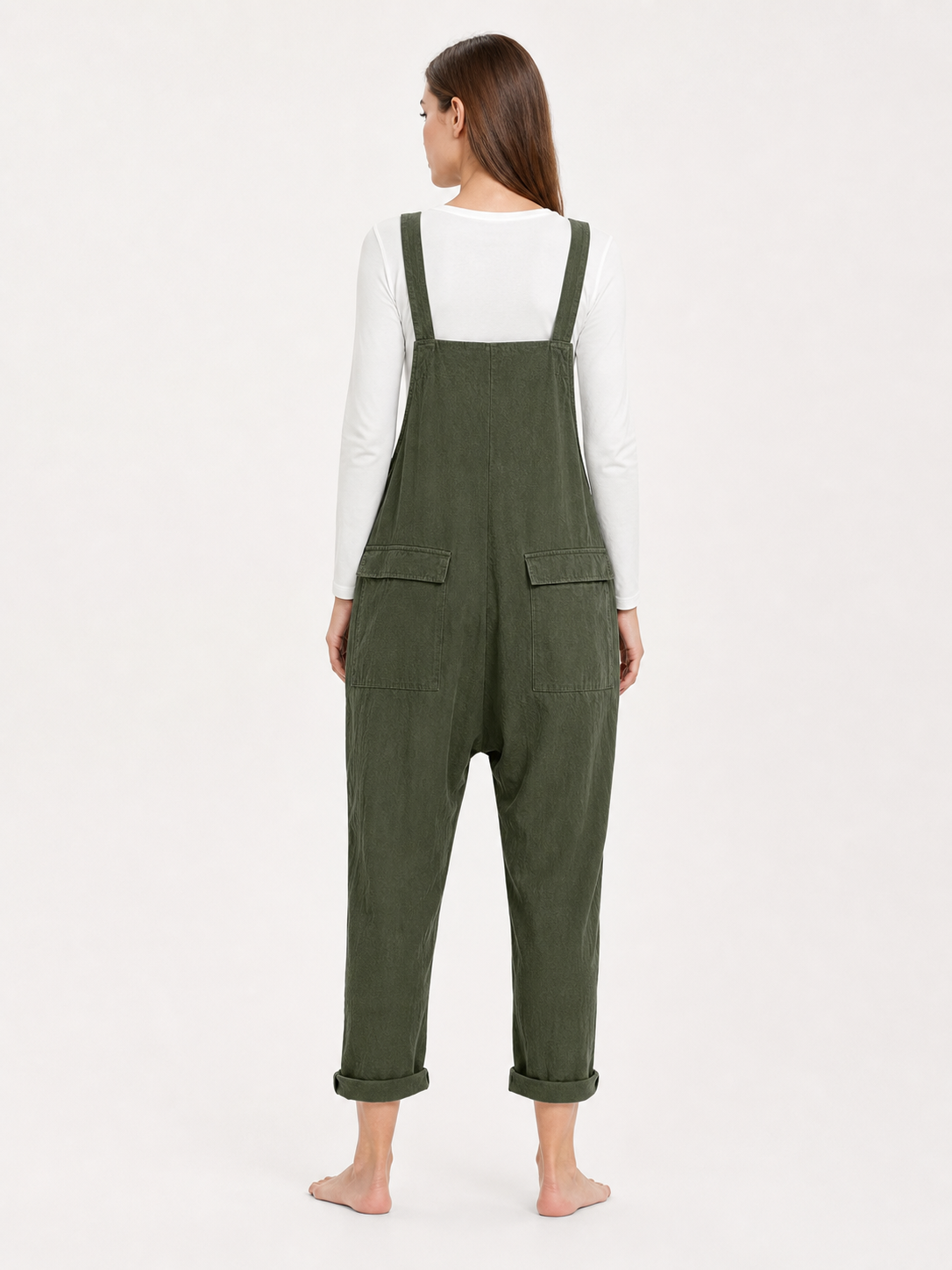 Straight-Leg Dark Green Bib Pants with Straps and Pockets
