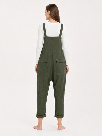 Straight-Leg Dark Green Bib Pants with Straps and Pockets
