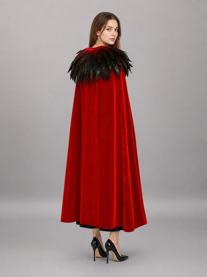 Red Velvet Cape with Feather Trim