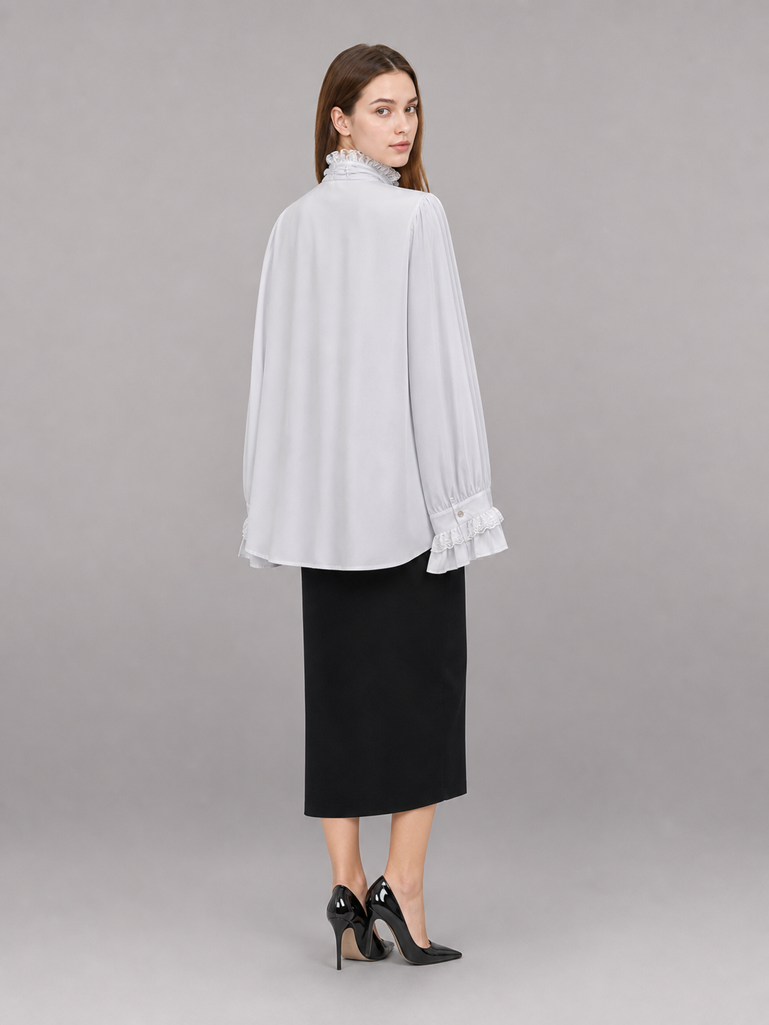 White Blouse with Jabot and Long Sleeves