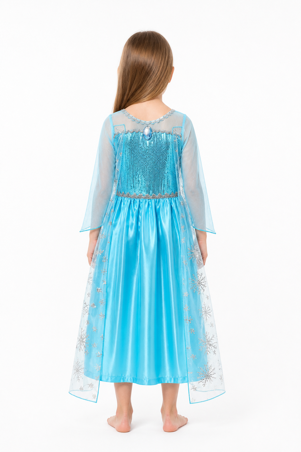 Elsa Dress for Girls with Sequins and Snowflakes back view