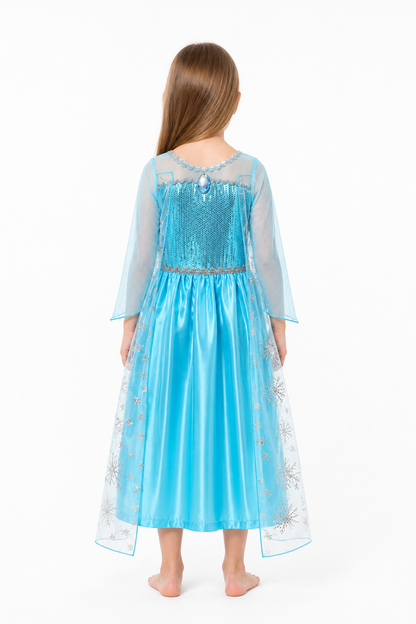 Elsa Dress for Girls with Sequins and Snowflakes back view