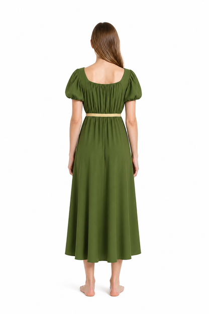 Olive Square-Neck Dress with Puff Sleeves back view