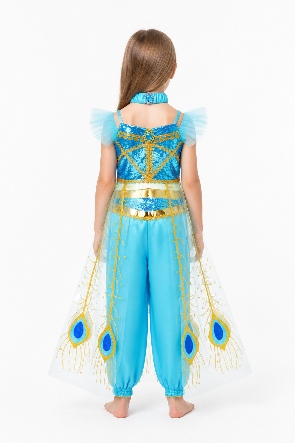 Jasmine Aladdin Costume with Peacock Feathers for Halloween back view