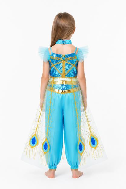 Jasmine Aladdin Costume with Peacock Feathers for Halloween back view