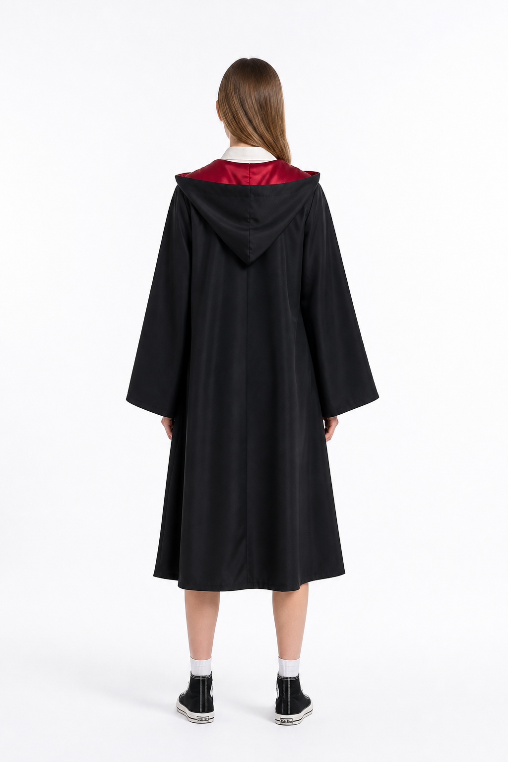 Costume with a Long Black Robe and Red Lining back view