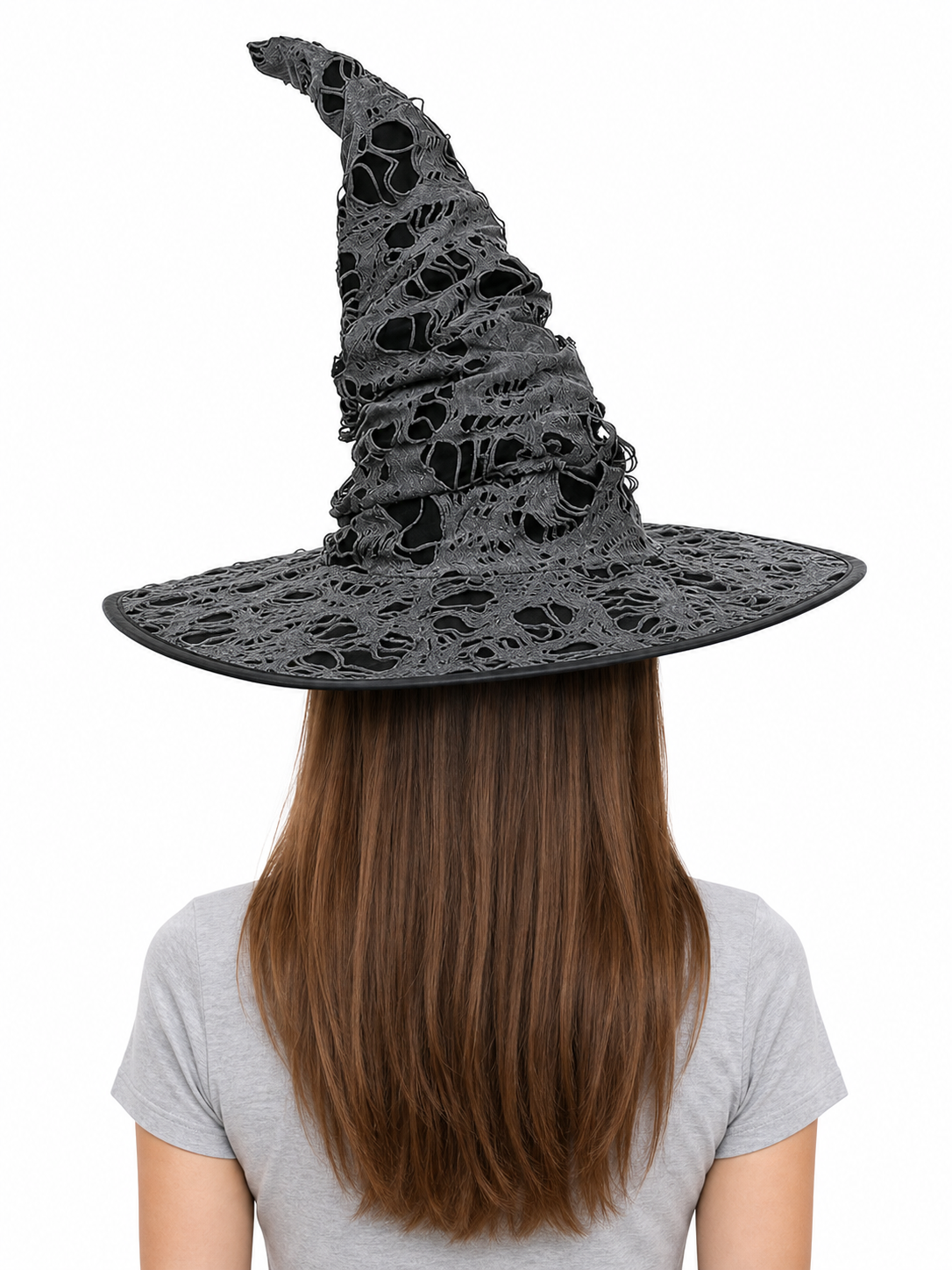 Gray Black Halloween Witch Hat For Women Wide Brim Curved Pointed Tattered Torn