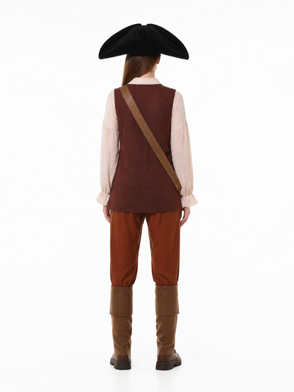 Pirate costume with vest, pants, and wide-brimmed hat back view
