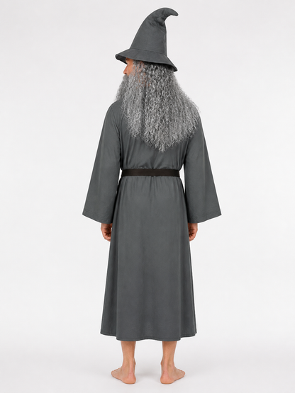Adult Halloween Wizard Costume Set - 5Pcs Long Sleeve Robe, Curved Hat, Belt back view