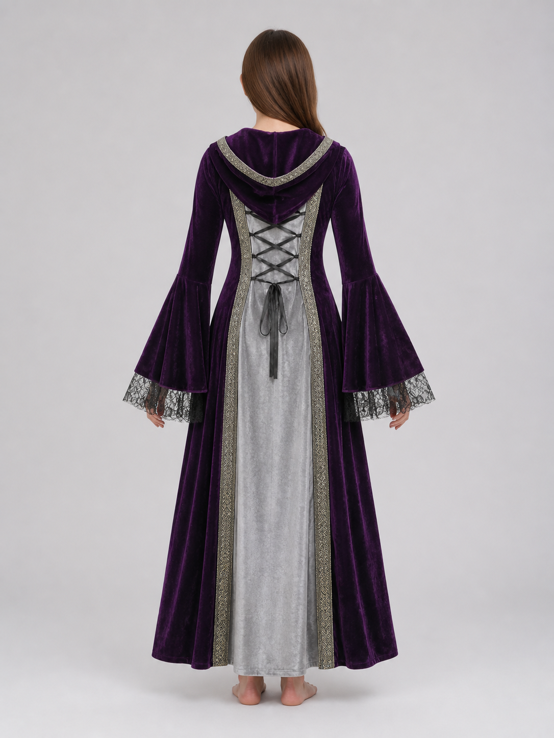 The dress is designed in a Gothic medieval style and features a costume design in deep purple with silver-gray and black accents. The design includes an attached pointed hood, flared bell sleeves, and a flowing skirt. The front of the bodic