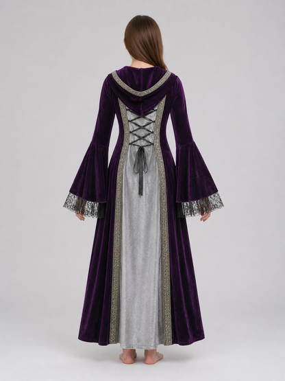 The dress is designed in a Gothic medieval style and features a costume design in deep purple with silver-gray and black accents. The design includes an attached pointed hood, flared bell sleeves, and a flowing skirt. The front of the bodic