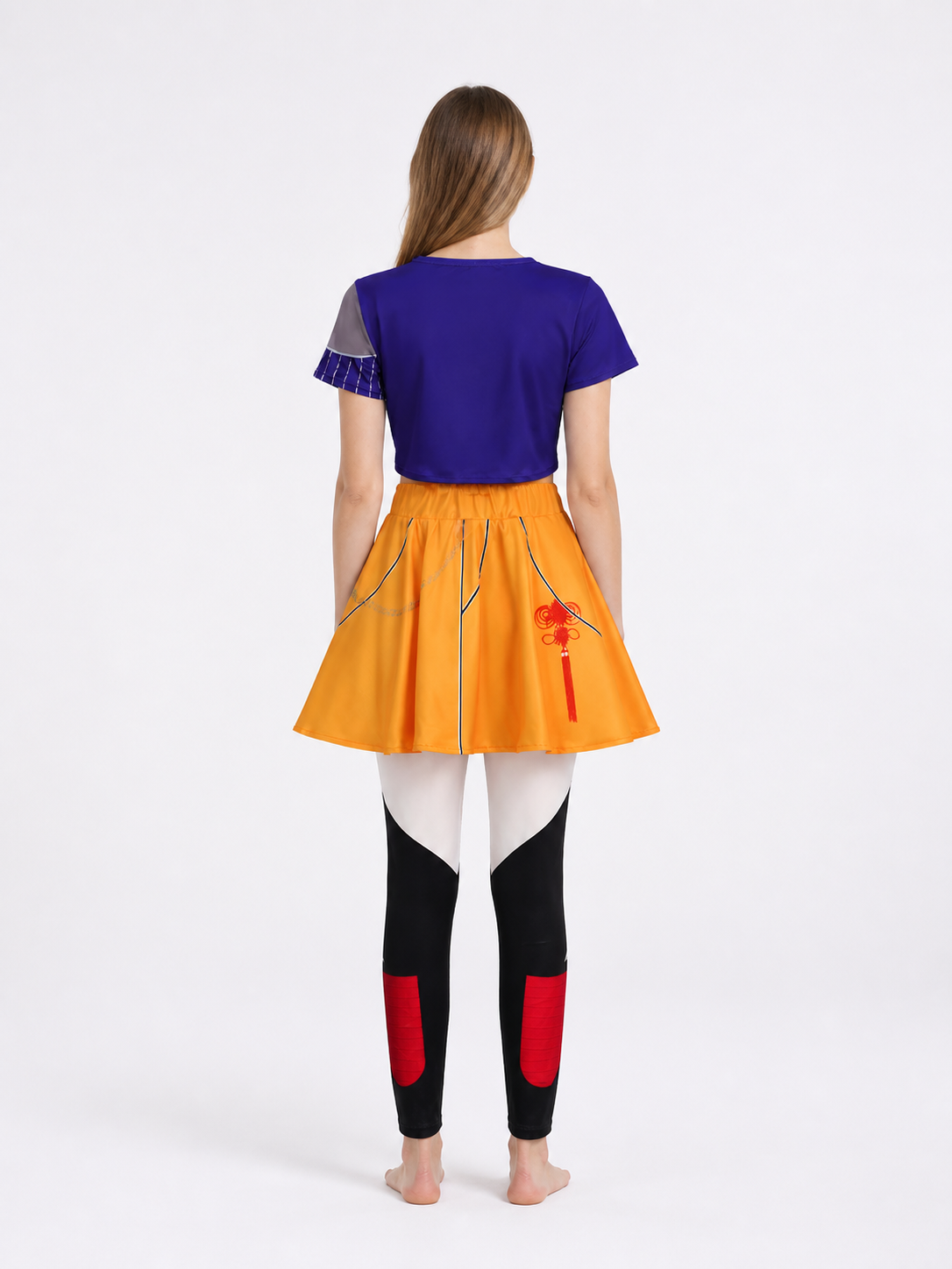 Children's cosplay costume, T-shirt, skirt, and pants back view