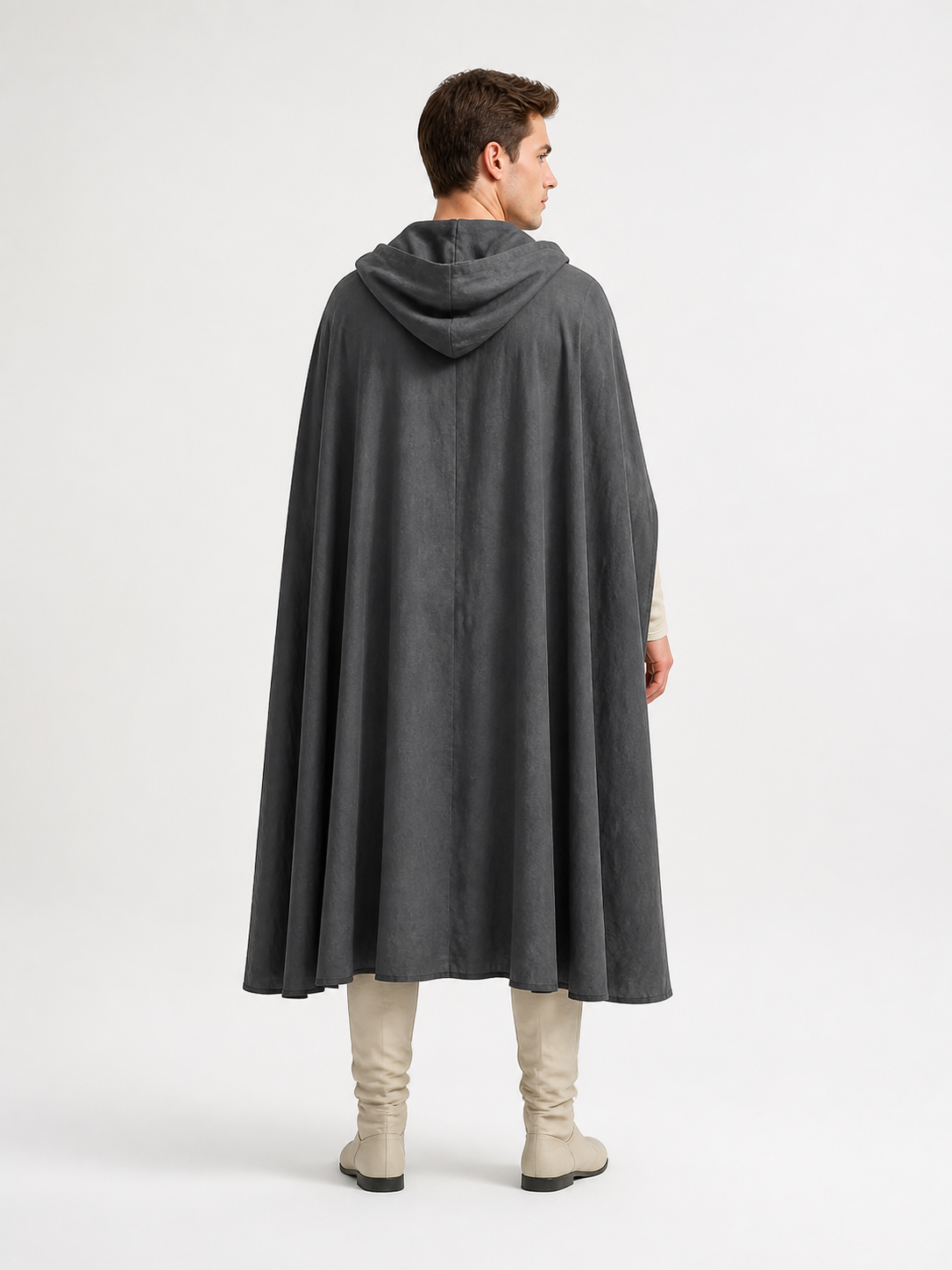 Adult Fantasy Hooded Cape, Long Dark Gray Cloak With Front Tie Closure, Wide back view 5