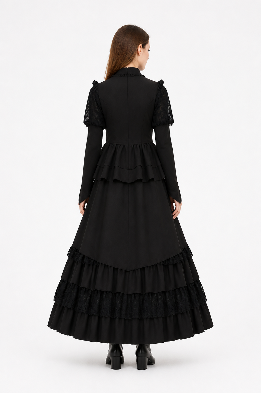 Black Gothic Dress with High Collar back view