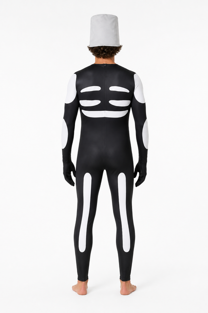 Skeleton Costume with Hood and Gloves back view