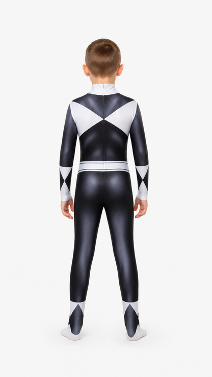 Children’s superhero-themed carnival jumpsuit costume with mask back view