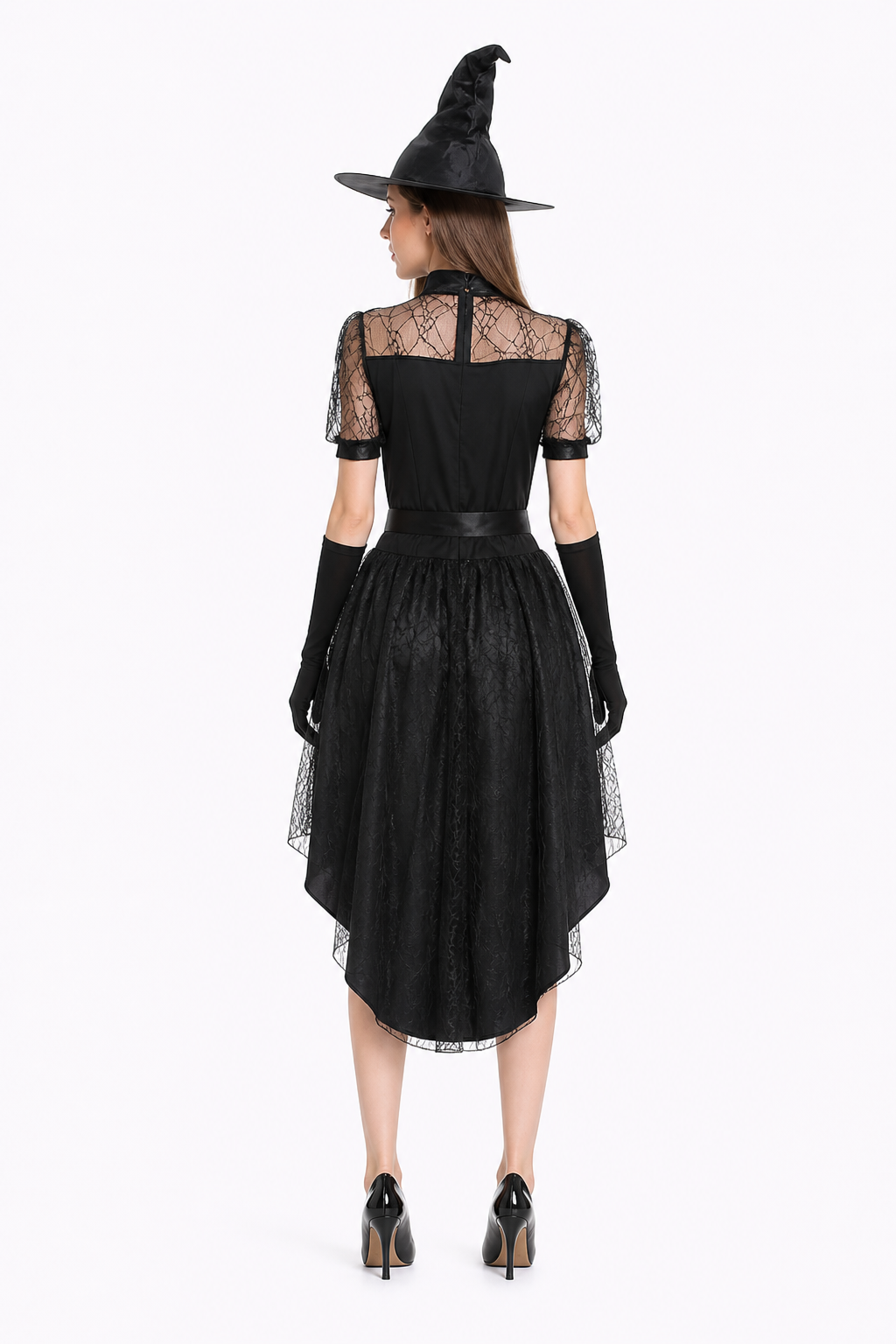 Witch Costume with Lace, an Asymmetrical Skirt, and Hat back view