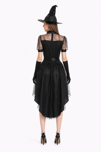 Witch Costume with Lace, an Asymmetrical Skirt, and Hat back view