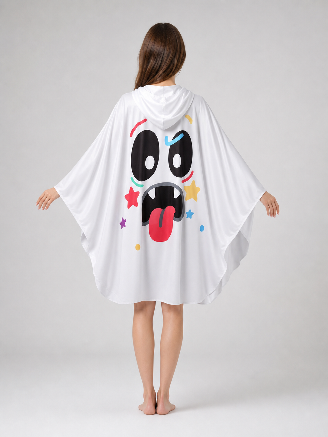 Halloween Ghost Costume Hooded Poncho with Cartoon Face Graphic, Wide Draped Sleeves and Multicolor Details for Costume Parties