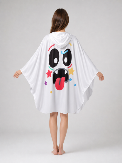 Halloween Ghost Costume Hooded Poncho with Cartoon Face Graphic, Wide Draped Sleeves and Multicolor Details for Costume Parties