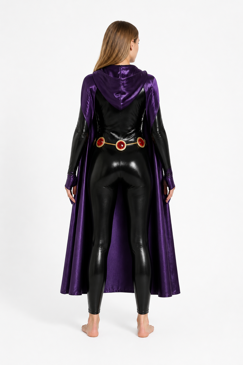 Raven Costume with Black Jumpsuit and Purple Cape back view