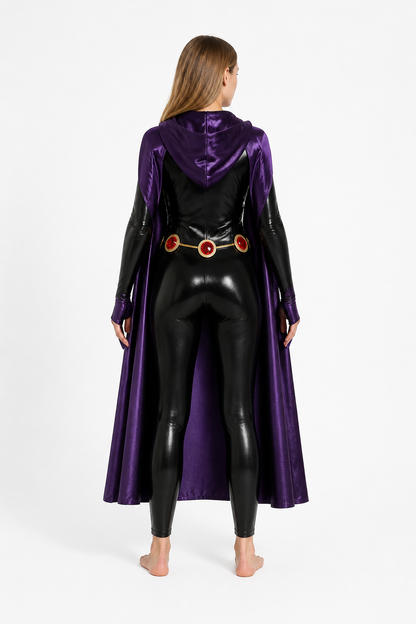Raven Costume with Black Jumpsuit and Purple Cape back view