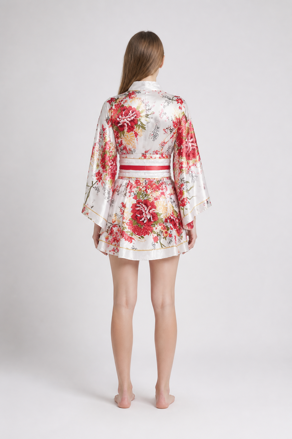 Wrap-style kimono with a full skirt and belt, peony print back view