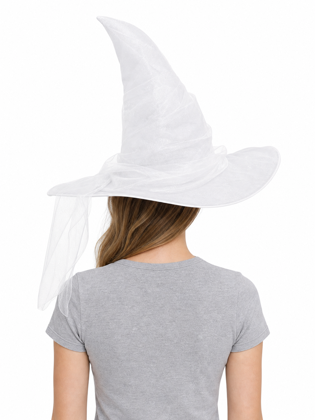 White Halloween Witch Hat With Wide Floppy Brim, Sheer Layered Fabric, Curved Pointed Crown And Trailing Veil For Cosplay Costume Party