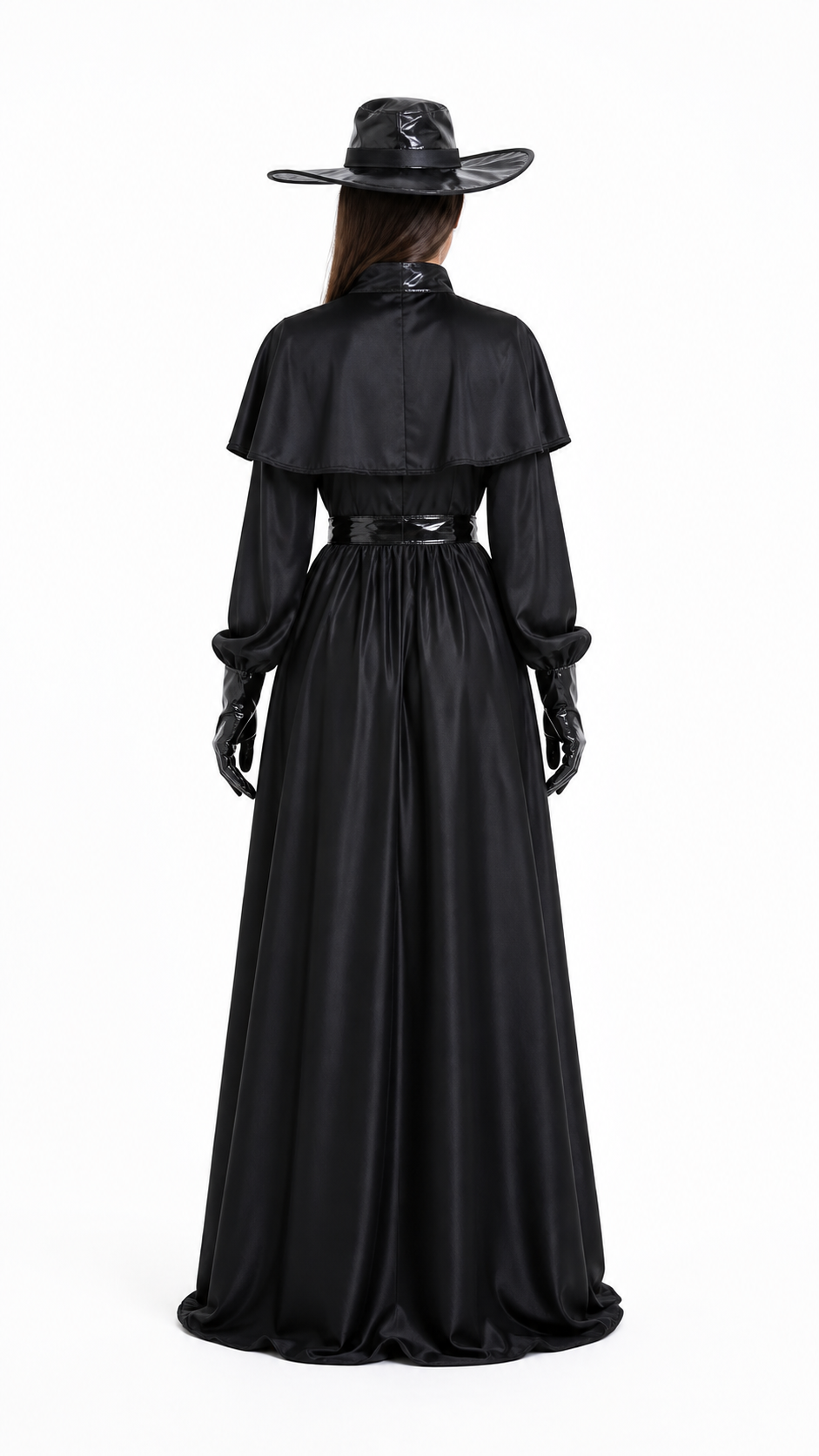 Plague Doctor Costume, Black Cloak, Raven Mask, Steampunk back view