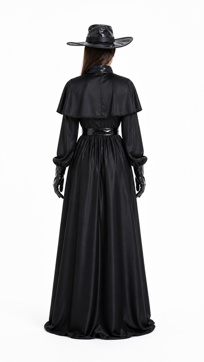 Plague Doctor Costume, Black Cloak, Raven Mask, Steampunk back view