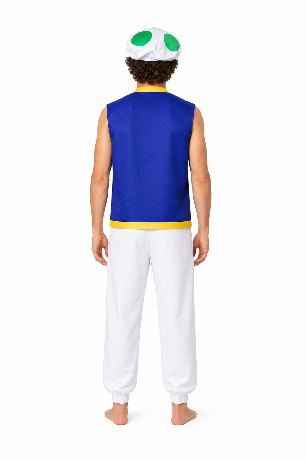 Toad Costume with Blue Vest and White Pants for Halloween back view
