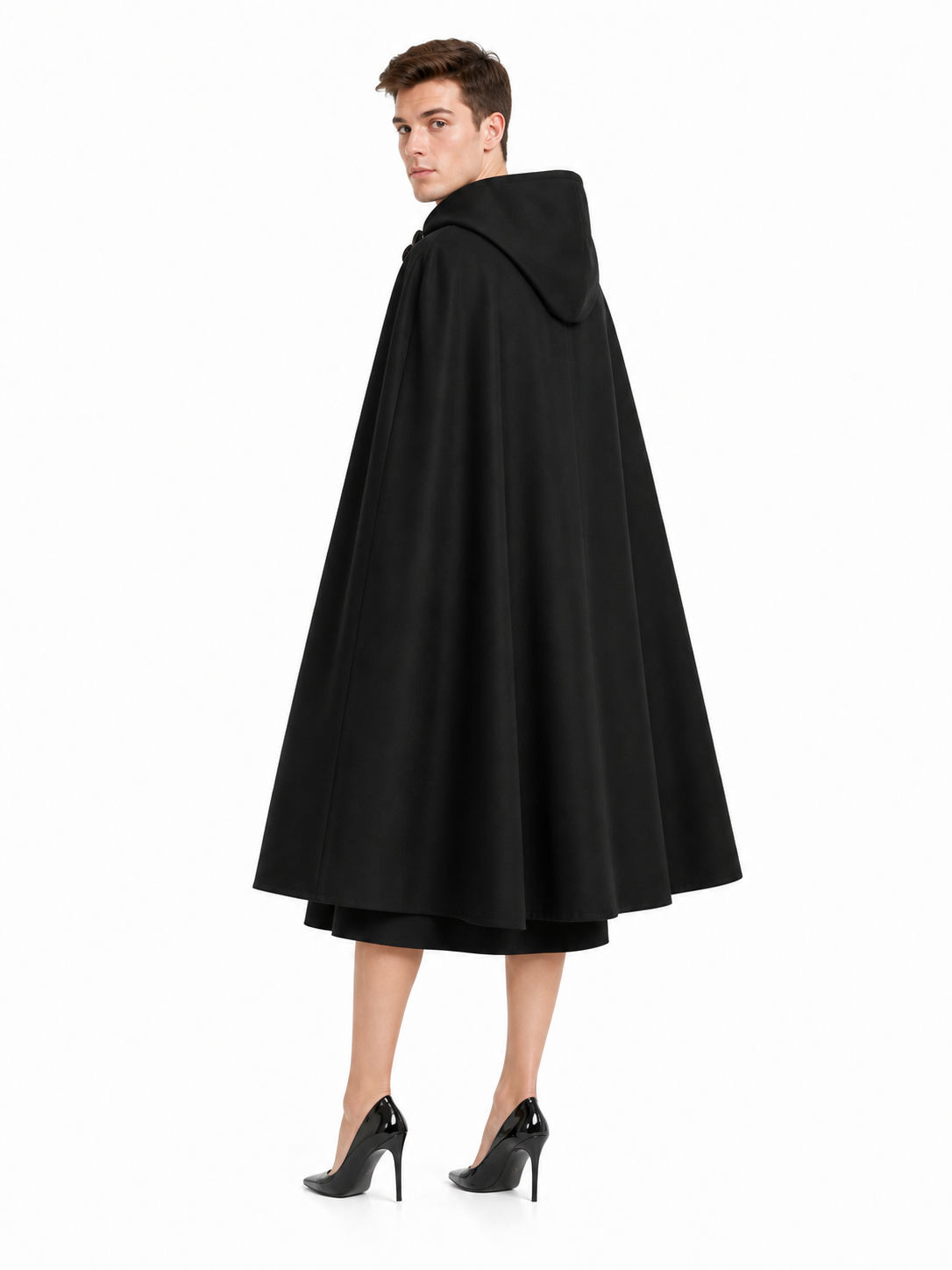 Long black hooded carnival cloak
