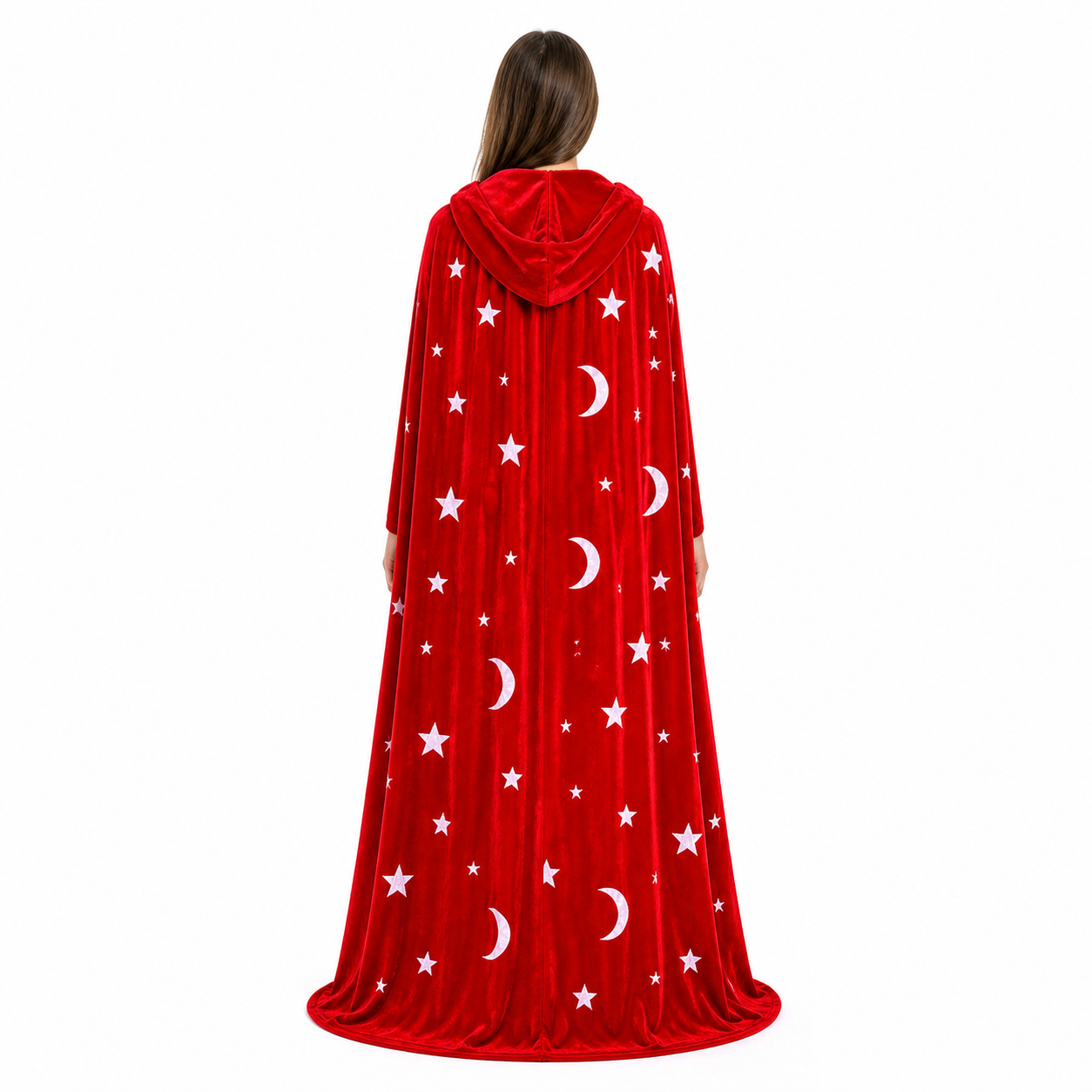 Red Hooded Cloak with Moon and Stars for Halloween back view