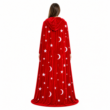 Red Hooded Cloak with Moon and Stars for Halloween back view