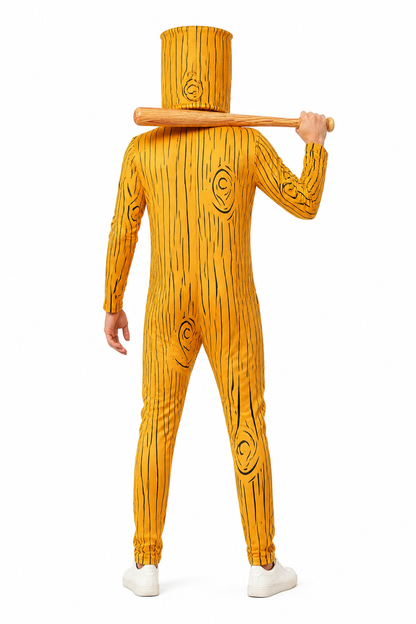 Orange jumpsuit with a stick-shaped mask back view